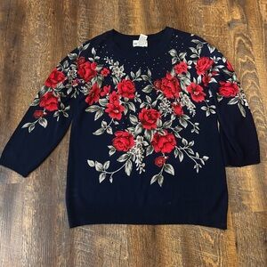 Rebecca Malone Womens Blue & Red Roses Long Sleeve Pullover Sweater Size L
